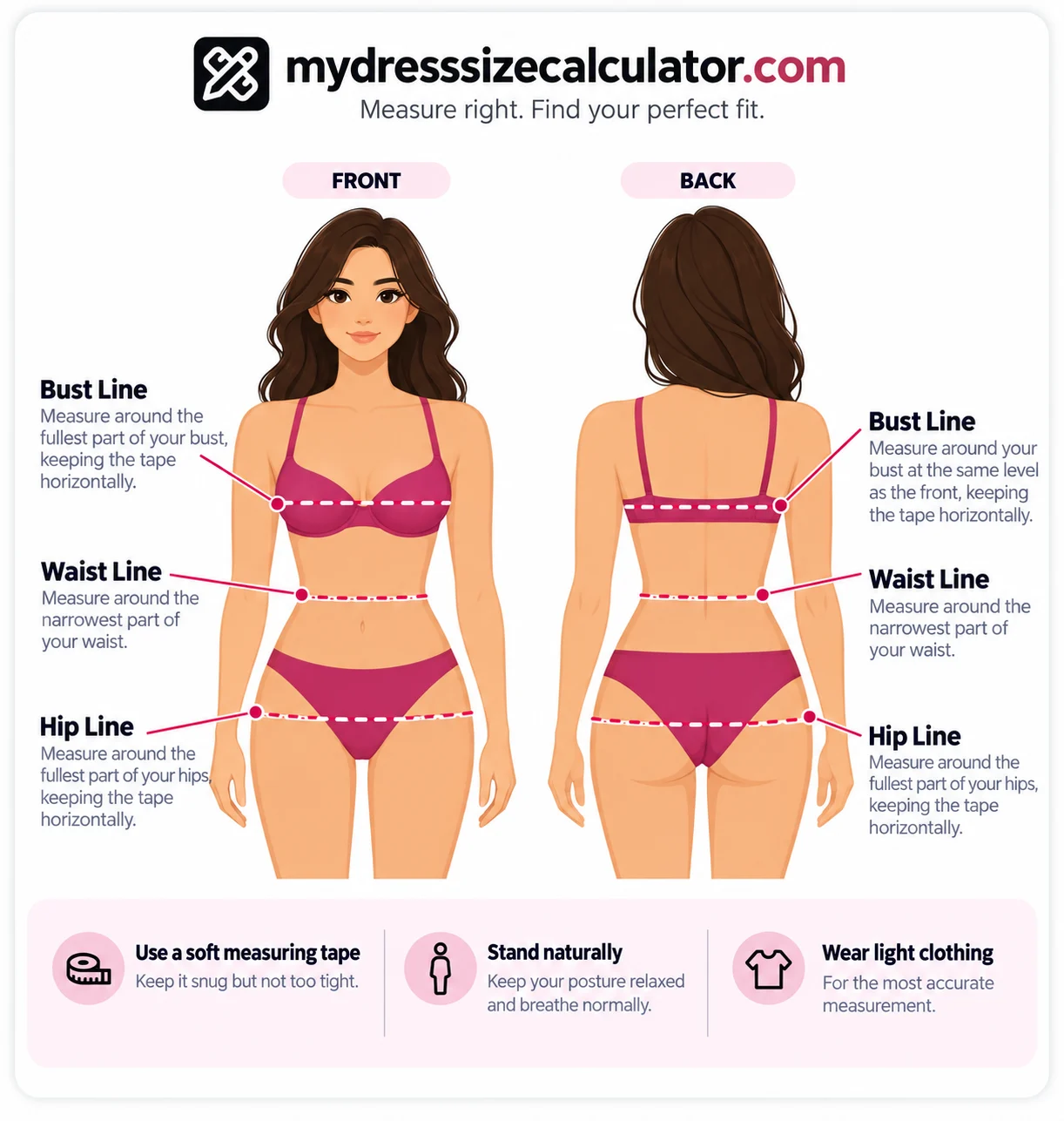 Diagram showing where to measure the bust line, waist line and hip line on the front and back of the body for an accurate dress size